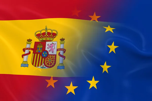 西班牙和欧洲关系概念图像-西班牙和欧洲联盟一起褪色的旗帜 — 图库照片