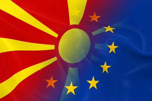 Imagen del concepto macedonio y de las relaciones europeas - Banderas de Macedonia y la Unión Europea desapareciendo juntas — Foto de Stock