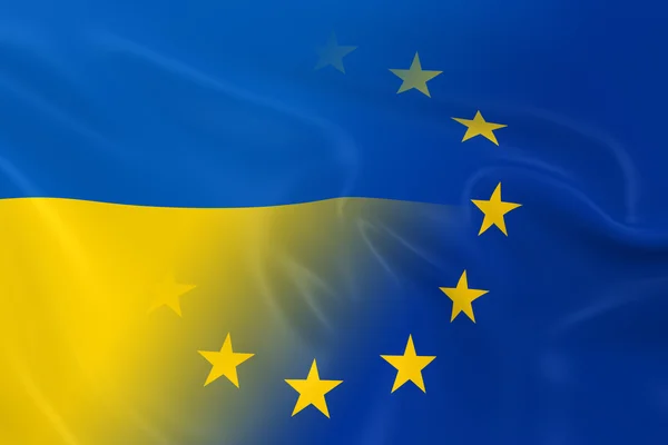 Ukrainska och europeiska förbindelser konceptet bild - flaggor i Ukraina och Europeiska unionen Fading tillsammans — Stockfoto