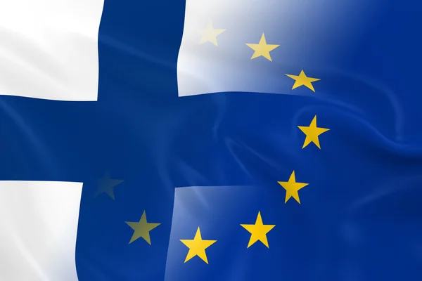 Imagen del concepto de relaciones finlandesas y europeas - Banderas de Finlandia y la Unión Europea desapareciendo juntas —  Fotos de Stock