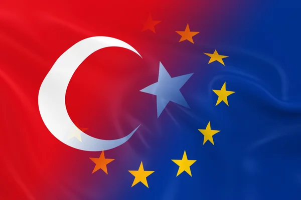 Imagem do conceito de relações europeias e turcas - Bandeiras da Turquia e da União Europeia desvanecendo-se juntas — Fotografia de Stock