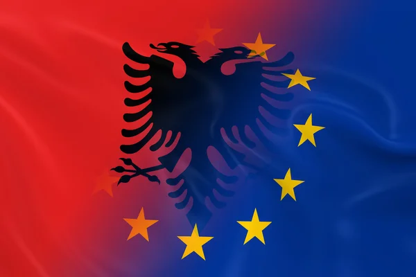 Imagem do conceito de relações albanesas e europeias - Bandeiras da Albânia e da União Europeia desvanecendo-se juntas — Fotografia de Stock