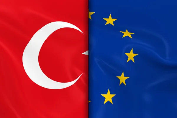 Прапори Туреччини і Європейський Союз розділити середнього 3D-рендеринга турецький прапор і прапор ЄС з шовковистою текстурою — стокове фото
