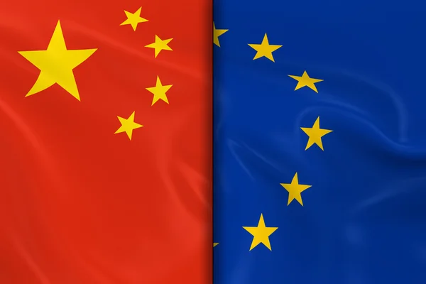 Bandeiras da China e da União Europeia dividem-se pelo meio renderização 3D da bandeira chinesa e da bandeira da UE com textura sedosa — Fotografia de Stock