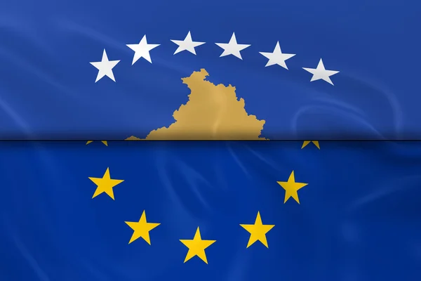 Bandeiras do Kosovo e da União Europeia divididas ao meio - 3D Render of the Kosovan Flag and EU Flag with Silky Texture — Fotografia de Stock