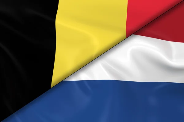 Flaggen Belgiens und der Niederlande diagonal geteilt - 3D-Darstellung der belgischen Flagge und der niederländischen Flagge mit seidiger Textur — Stockfoto