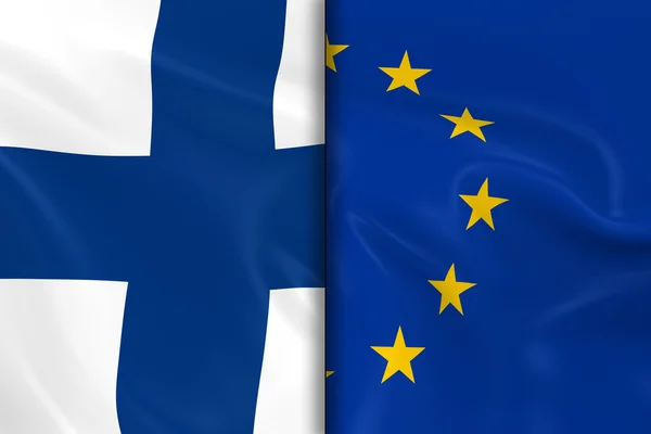 Banderas de Finlandia y la Unión Europea Divididas en Medio - Renderizado 3D de la Bandera de Finlandia y Bandera de la UE con Textura Seda — Foto de Stock