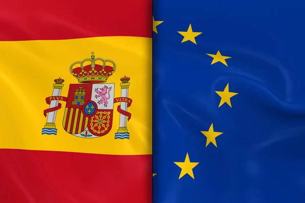 Bandeiras da Espanha e da União Europeia Dividir para baixo o meio - 3D Render of the Spanish Flag and EU Flag with Silky Texture — Fotografia de Stock