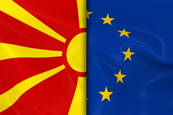 Bandeiras da Macedônia e da União Europeia Dividir para baixo o meio - 3D Render of the Macedonian Flag and EU Flag with Silky Texture — Fotografia de Stock