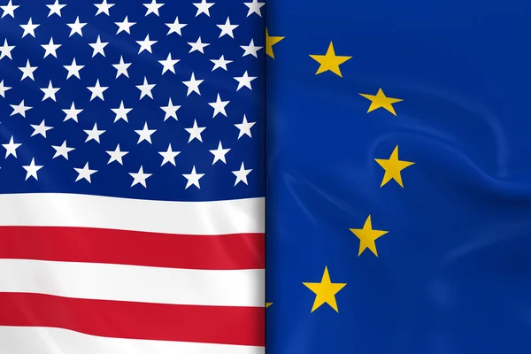 Flagi USA i Unii Europejskiej rozdzielić środkowy-renderowanie 3D flagi Stanów Zjednoczonych i flagi UE z jedwabistą teksturę — Zdjęcie stockowe