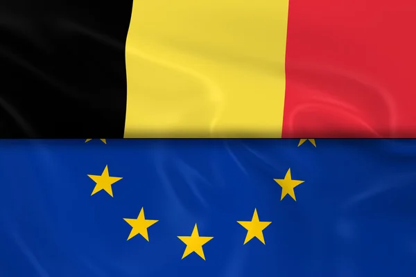 比利时和欧盟的旗帜分半部分 - 比利时国旗和带有丝绸纹理的欧盟国旗的 3d 渲染 — 图库照片