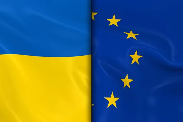 Ukrainas flaggor och Europeiska unionen dela upp mitten-3D göra av den ukrainska flaggan och EU-flaggan med silkeslen konsistens — Stockfoto