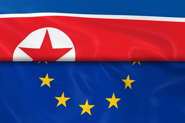 Banderas de Corea del Norte y la Unión Europea divididas por la mitad: representación 3D de la bandera de Corea del Norte y la bandera de la UE con textura sedosa — Foto de Stock