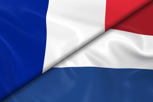 Bandiere di Francia e Olanda Diviso Diagonalmente - Render 3D della Bandiera Francese e Bandiera Olandese con texture setosa — Foto Stock