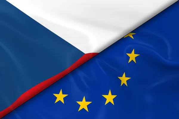 Tjeckiens och Europeiska unionens flaggor delade diagonalt-3D göra av den tjeckiska flaggan och EU-flaggan med silkeslen konsistens — Stockfoto