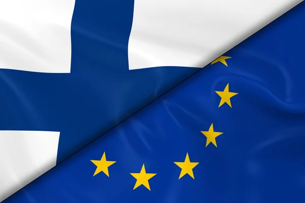 Banderas de Finlandia y la Unión Europea Divididas Diagonalmente: representación 3D de la bandera finlandesa y la bandera de la UE con textura sedosa —  Fotos de Stock