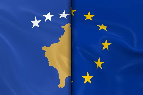 De vlaggen van Kosovo en de Europese Unie splitsen de Midden-3D render van de vlag van Kosovaars en de EU-vlag met zijdeachtige textuur — Stockfoto