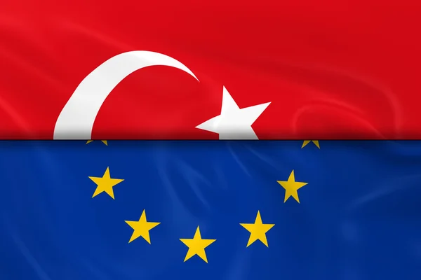 Flaggorna i Turkiet och Europeiska unionen splittras i halv-3D göra av den turkiska flaggan och EU-flaggan med silkeslen konsistens — Stockfoto