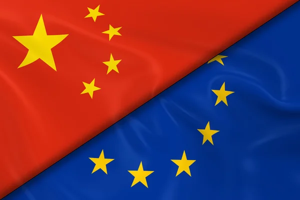 Bandiere della Cina e dell'Unione Europea Diviso Diagonalmente - Render 3D della Bandiera Cinese e Bandiera UE con texture setosa — Foto Stock