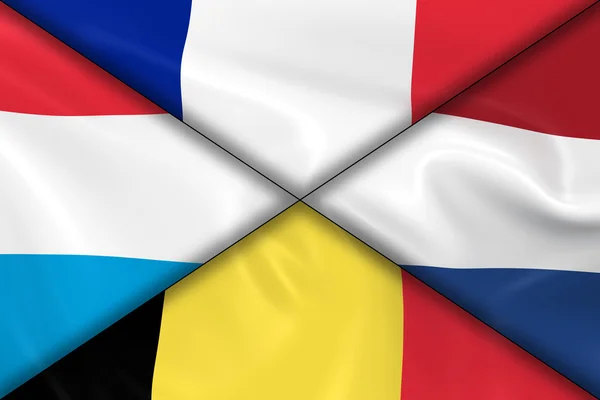 European Flags Collage - French, Belgian, Luxembourg and Dutch Flags Mixed in a Cross — Stok Foto