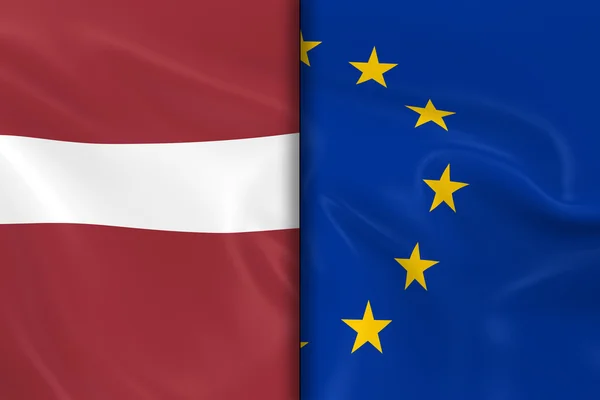 Flaggen Lettlands und der Europäischen Union teilen sich die Mitte - 3D-Darstellung der lettischen Flagge und der EU-Flagge mit seidiger Textur — Stockfoto