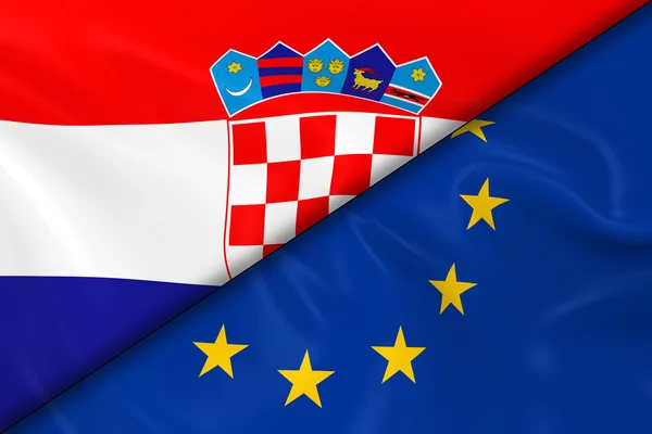 Vlajky Chorvatska a Evropské unie rozdělené diagonálně-prostorové vykreslení chorvatské vlajky a vlajky EU se Silky texturou — Stock fotografie