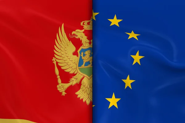黑山和欧盟的旗帜分裂到中间 - 3d 渲染的黑山国旗和欧旗与丝绸纹理 — 图库照片