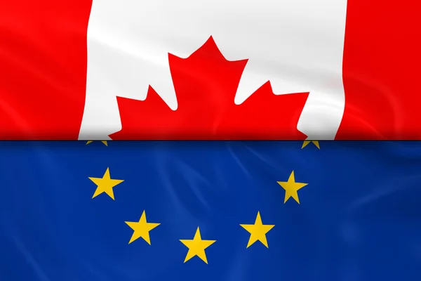 Bandeiras do Canadá e da União Europeia divididas ao meio - 3D Render of the Canadian Flag and EU Flag with Silky Texture — Fotografia de Stock