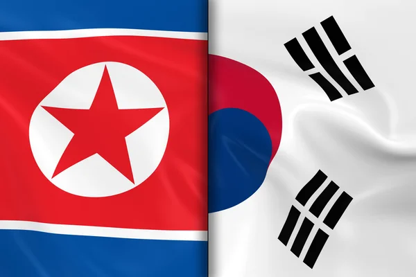 Banderas de Corea del Norte y Corea del Sur se dividen por el centro - 3D Renderizado de la bandera de Corea del Norte y la bandera de Corea del Sur con textura sedosa — Foto de Stock