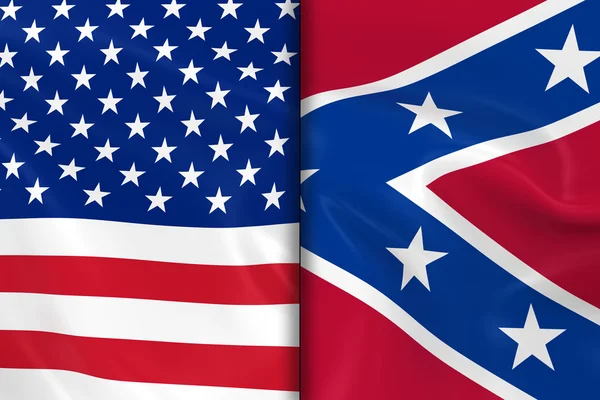 Bandeiras dos EUA e da Confederação Dividido para baixo do meio - 3D Render of the American Flag and Confederate Flag with Silky Texture — Fotografia de Stock