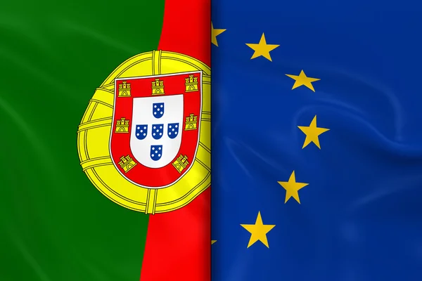 Flagi Portugalii i Unii Europejskiej rozdzielić środkowy-renderowanie 3D flagi portugalskiej i flagi UE z jedwabistą teksturę — Zdjęcie stockowe