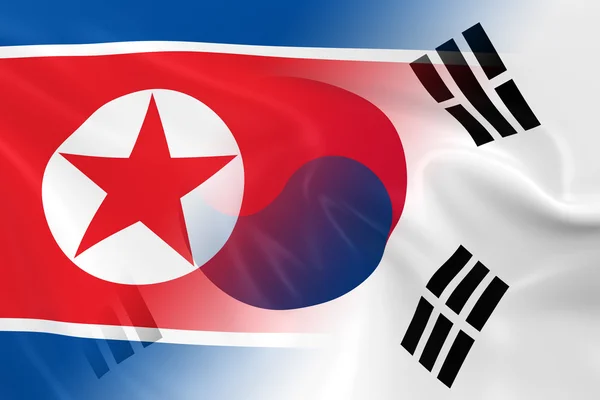 Immagine del concetto di relazioni nordcoreane e sudcoreane Bandiere della Corea del Nord e della Corea del Sud che svaniscono insieme — Foto Stock