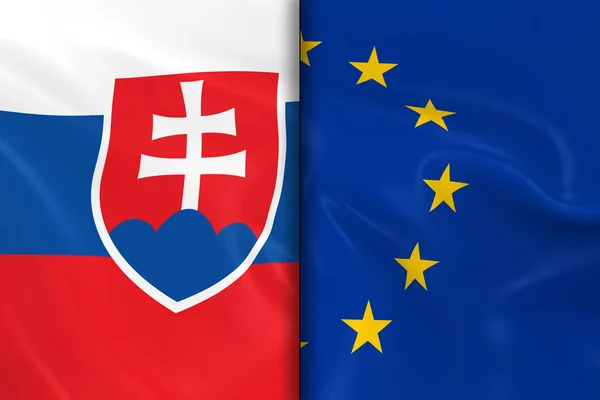 Příznaky ze Slovenska a Split Evropské unie po střední - 3d Render Slovenská vlajka a vlajka Eu s hedvábnou texturou — Stock fotografie