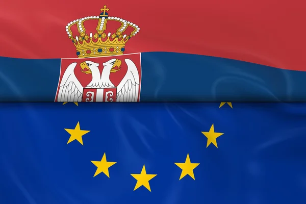 Vlajky Srbska a Evropské unie Split v půl - 3d Render srbská vlajka a vlajka Eu s hedvábnou texturou — Stock fotografie