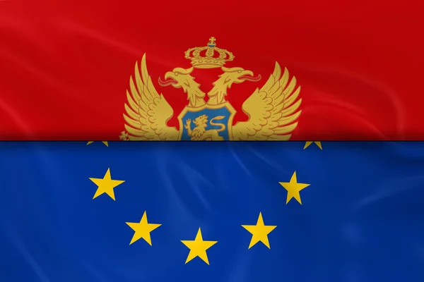 Lijst van vlaggen van Montenegro en de Europese Unie splitsing in Half - 3d Render van de Montenegrijnse vlag en de vlag van de Eu met zijdeachtige textuur — Stockfoto
