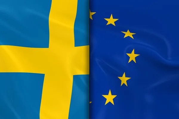 Σημαίες της Σουηδίας και τη διάσπαση της Ευρωπαϊκής Ένωσης κάτω από το μεσαίο - 3d καθιστούν τη σουηδική σημαία και σημαία της Ευρωπαϊκής Ένωσης με μεταξένια υφή — Φωτογραφία Αρχείου