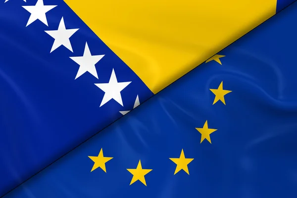 Banderas de Bosnia y Herzegovina y la Unión Europea Divididas Diagonalmente: representación 3D de la bandera de Bosnia y Herzegovina y la bandera de la UE con textura sedosa —  Fotos de Stock