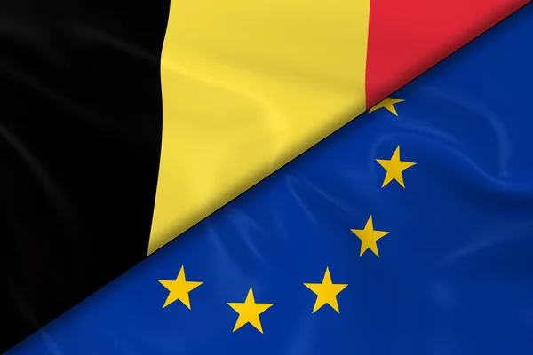 Bandiere del Belgio e dell'Unione Europea Diviso Diagonalmente - Render 3D della Bandiera Belga e Bandiera UE con texture setosa — Foto Stock