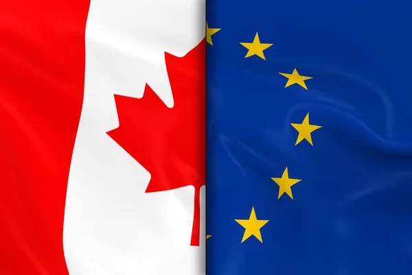 Bandeiras do Canadá e da União Europeia dividem-se pelo meio - renderização 3D da bandeira canadense e da bandeira da UE com textura sedosa — Fotografia de Stock