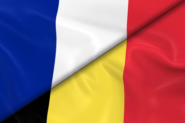 Bandiere di Francia e Belgio Diviso Diagonalmente - Render 3D della bandiera francese e della bandiera belga con texture setosa — Foto Stock