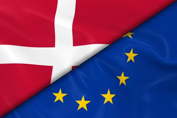 Danmarks och Europeiska unionens flagg delade diagonalt-3D göra av den danska flaggan och EU-flaggan med silkeslen konsistens — Stockfoto
