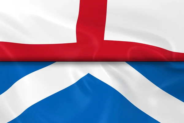 Banderas de Inglaterra y Escocia divididas por la mitad: representación en 3D de la bandera inglesa y la bandera escocesa con textura sedosa — Foto de Stock