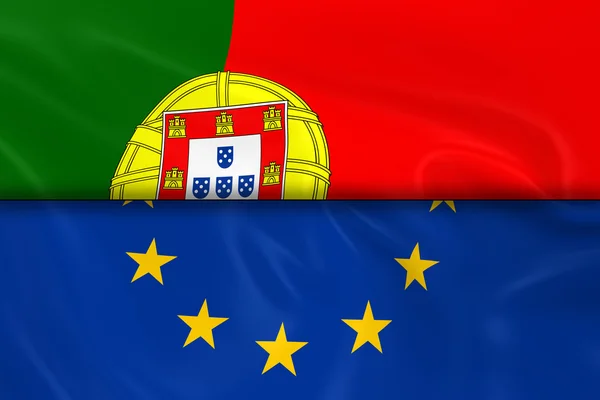 Flagi Portugalii i Split Unii Europejskiej w pół - 3d Render portugalski flaga i Flaga UE z jedwabista konsystencja — Zdjęcie stockowe