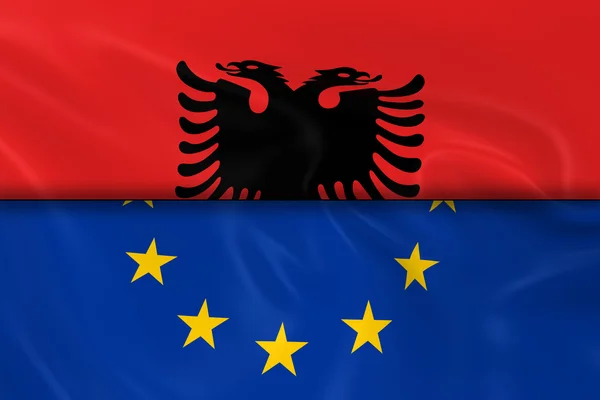 Bandeiras da Albânia e da União Europeia Split in Half - 3D Render of the Albanian Flag and EU Flag with Silky Texture — Fotografia de Stock