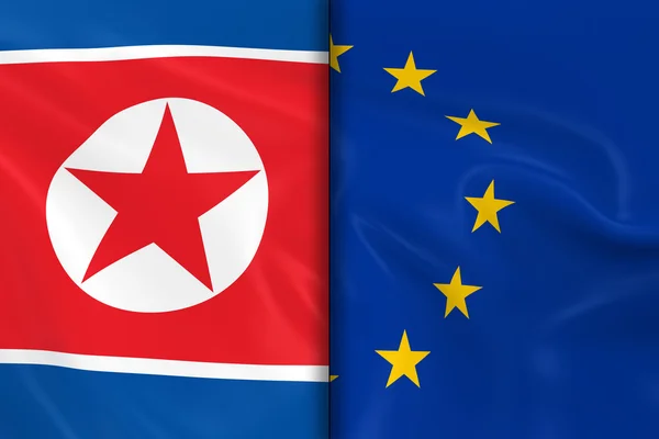 Bandiere della Corea del Nord e dell'Unione europea Suddivise a metà - Render 3D della bandiera nordcoreana e Bandiera UE con texture setosa — Foto Stock