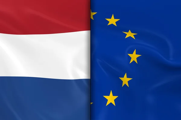 Bendera Belanda dan Uni Eropa Split Down the Middle - 3D Render of the Dutch Flag and EU Flag with Silky Texture — Stok Foto