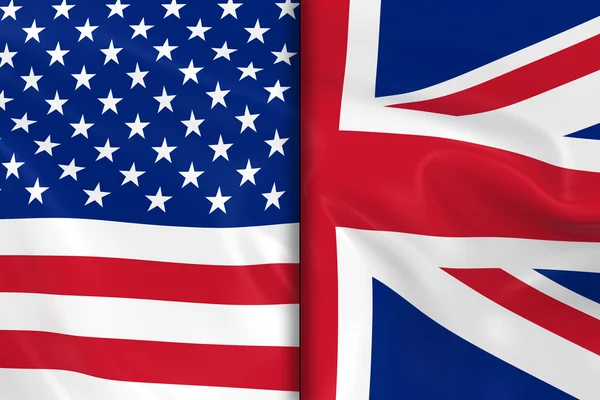 Vlajky Usa a Velké Británii Split se střední - 3d Render americkou vlajku a britské vlajky s hedvábnou texturou — Stock fotografie