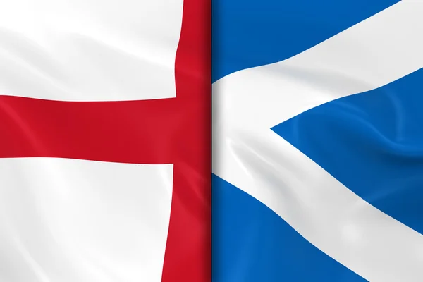 Banderas de Inglaterra y Escocia se dividen por el centro: representación 3D de la bandera inglesa y la bandera escocesa con textura sedosa — Foto de Stock