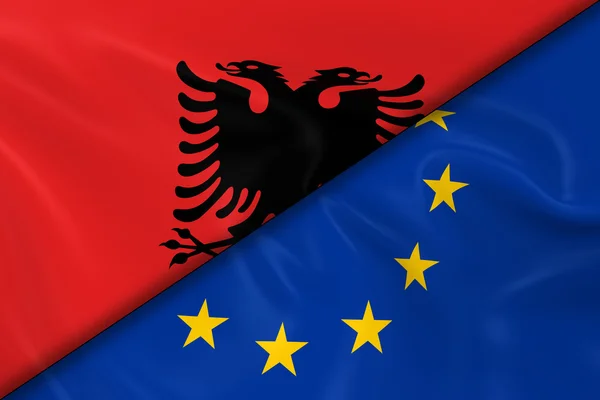 Bandeiras da Albânia e da União Europeia Divididas Diagonalmente - 3D Render of the Albanian Flag and EU Flag with Silky Texture — Fotografia de Stock