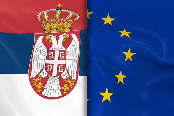 Flags of Serbia and the European Union Split Down the Middle - 3D Render of the Serbian Flag and EU Flag with Silky Texture — Stock Photo, Image